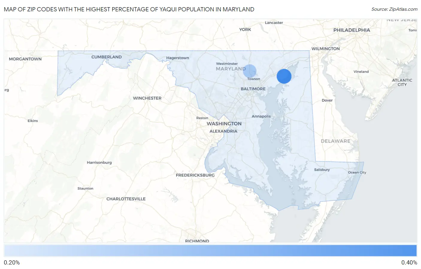 Zip Codes with the Highest Percentage of Yaqui Population in Maryland Map