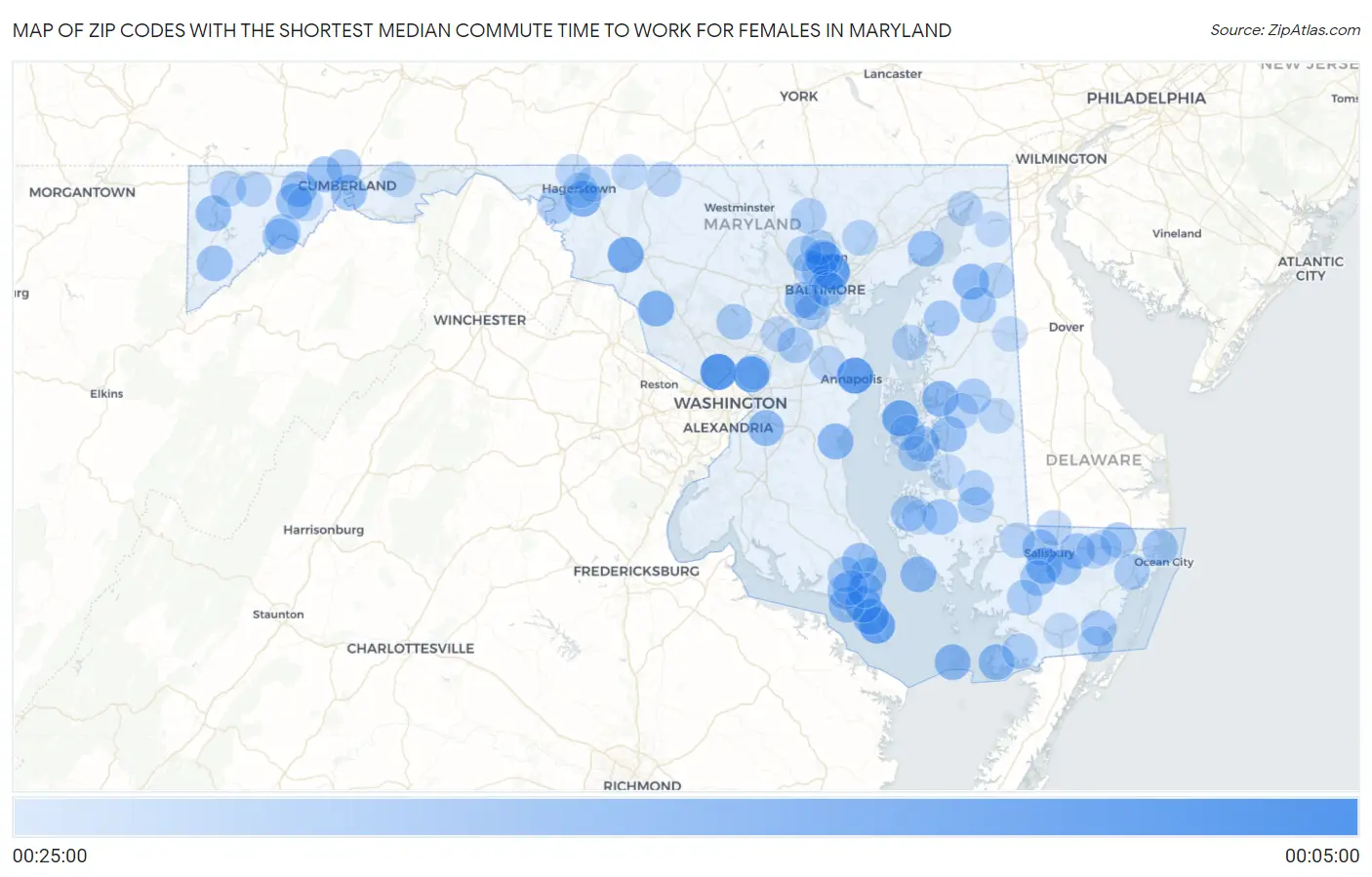 Zip Codes with the Shortest Median Commute Time to Work for Females in Maryland Map
