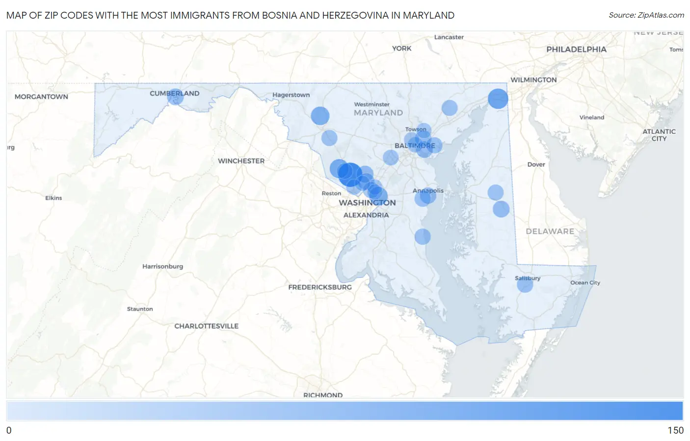 Zip Codes with the Most Immigrants from Bosnia and Herzegovina in Maryland Map