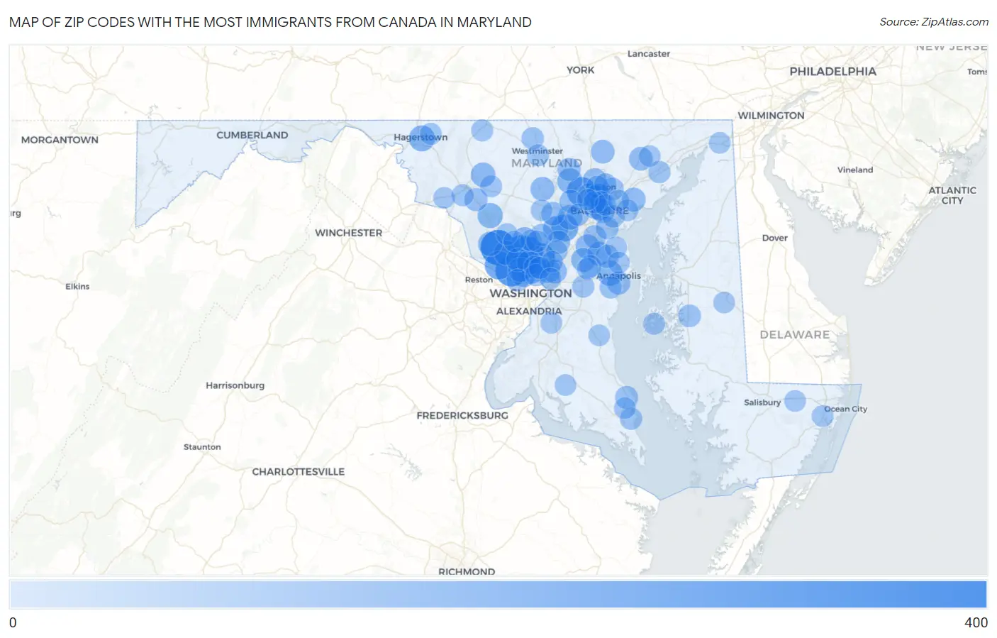 Zip Codes with the Most Immigrants from Canada in Maryland Map