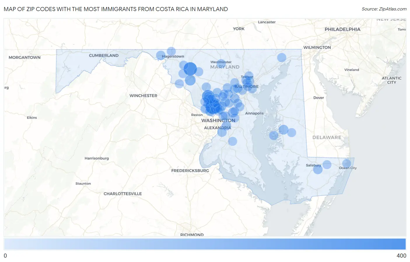 Zip Codes with the Most Immigrants from Costa Rica in Maryland Map