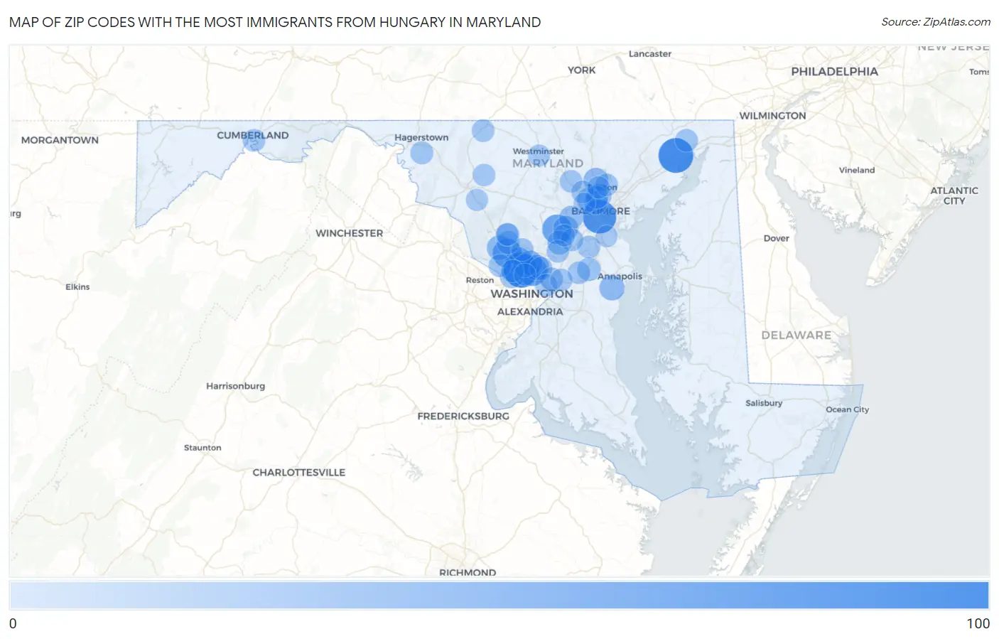 Zip Codes with the Most Immigrants from Hungary in Maryland Map