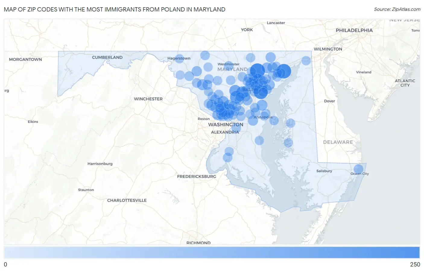Zip Codes with the Most Immigrants from Poland in Maryland Map