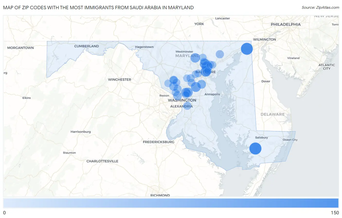 Zip Codes with the Most Immigrants from Saudi Arabia in Maryland Map