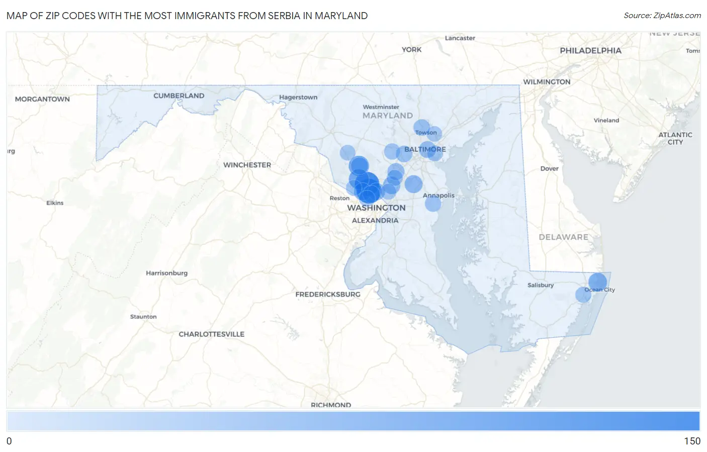 Zip Codes with the Most Immigrants from Serbia in Maryland Map