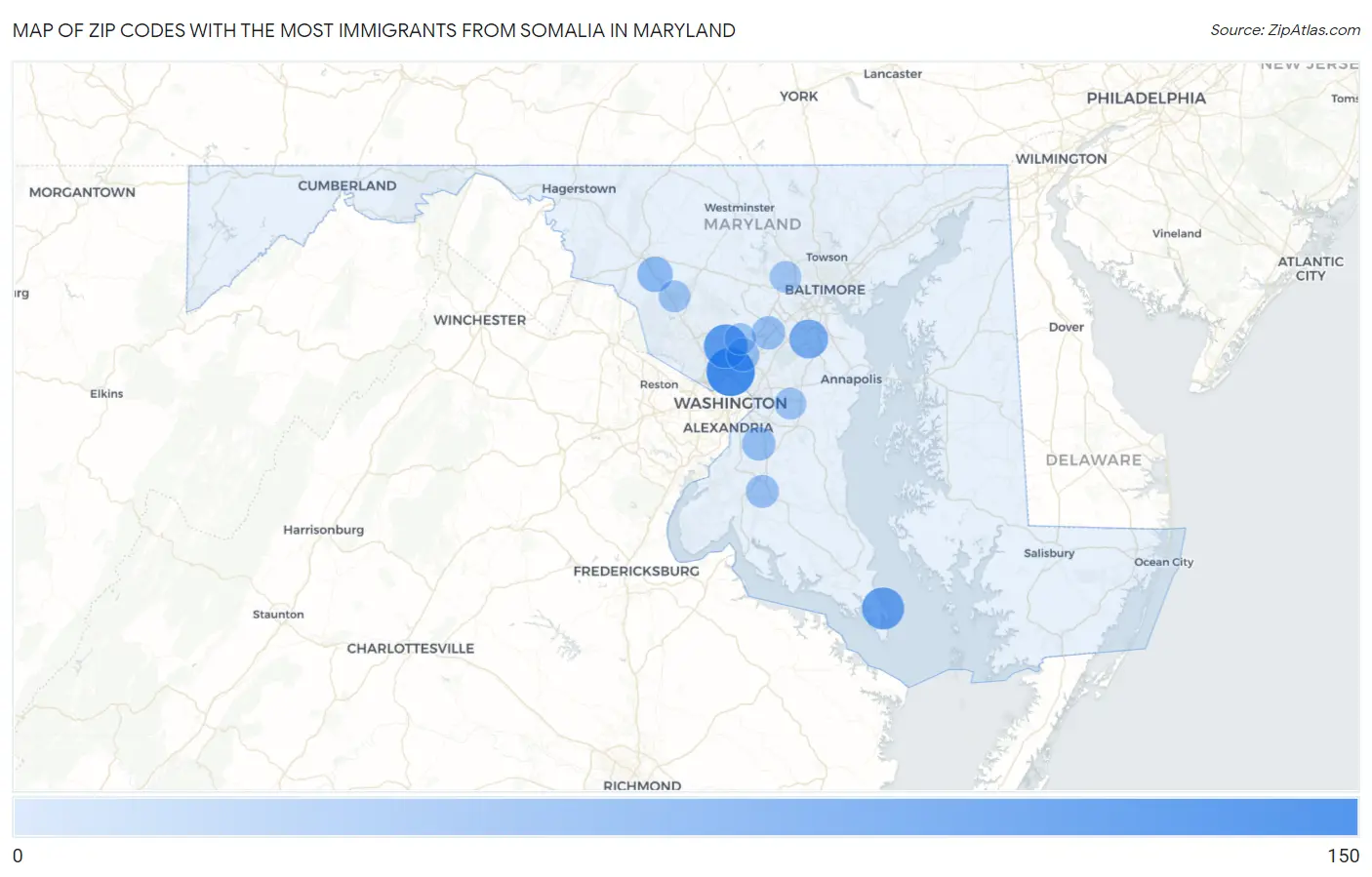 Zip Codes with the Most Immigrants from Somalia in Maryland Map