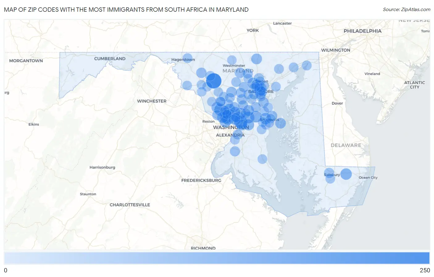 Zip Codes with the Most Immigrants from South Africa in Maryland Map