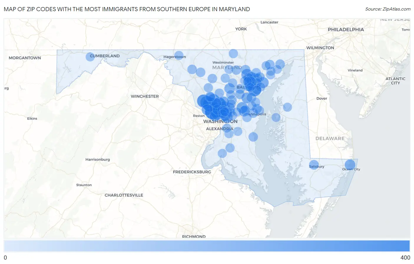 Zip Codes with the Most Immigrants from Southern Europe in Maryland Map