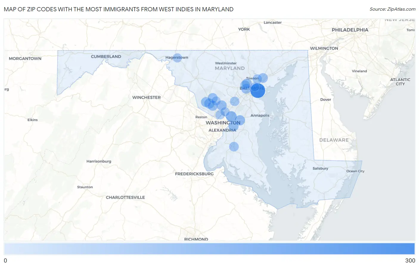 Zip Codes with the Most Immigrants from West Indies in Maryland Map