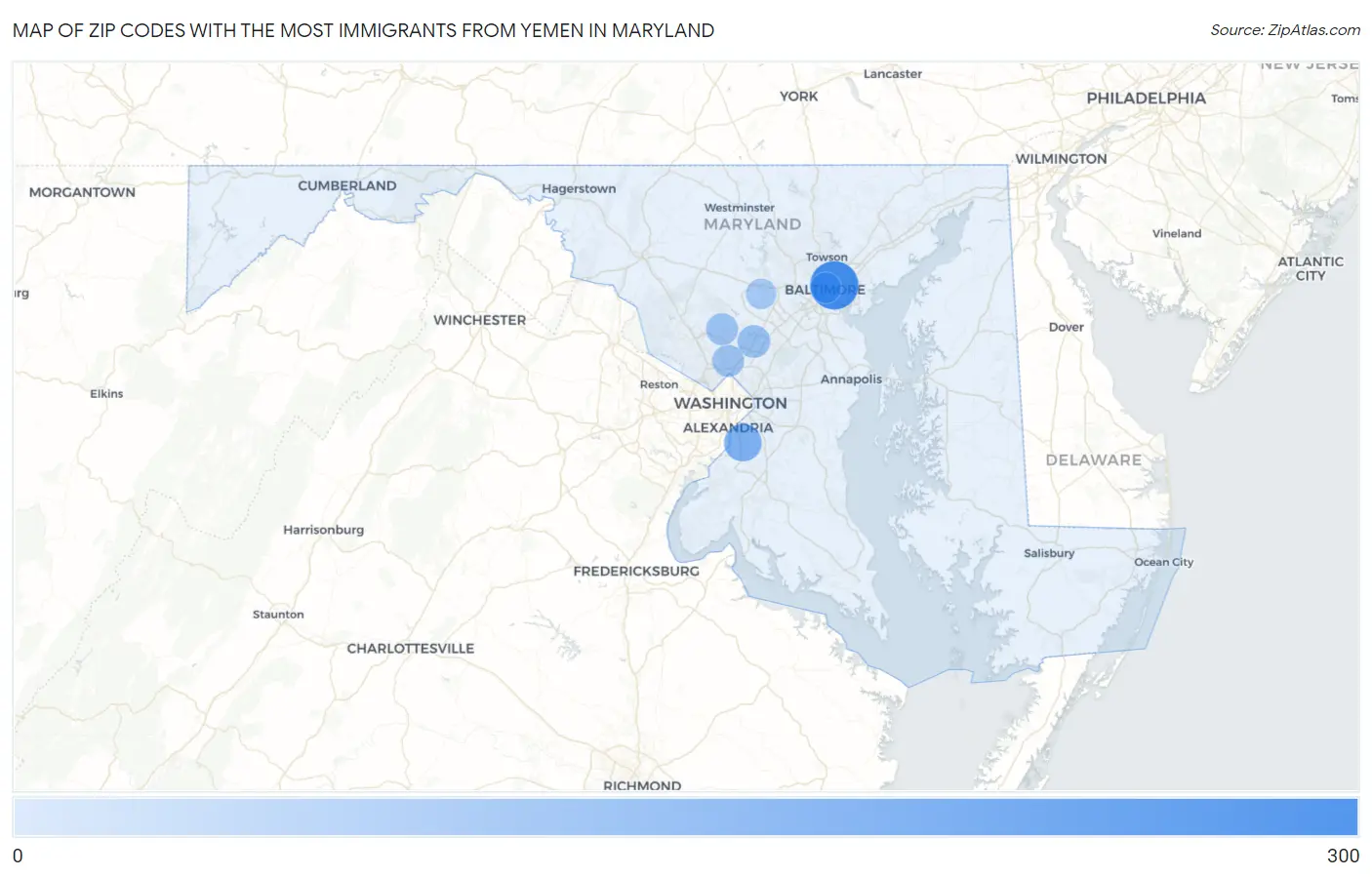 Zip Codes with the Most Immigrants from Yemen in Maryland Map