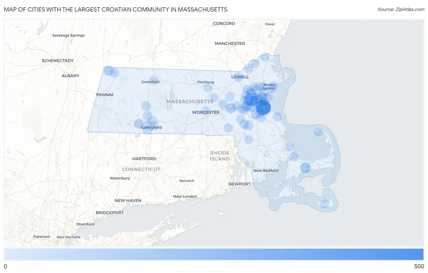 Cities with the Largest Croatian Community in Massachusetts Map