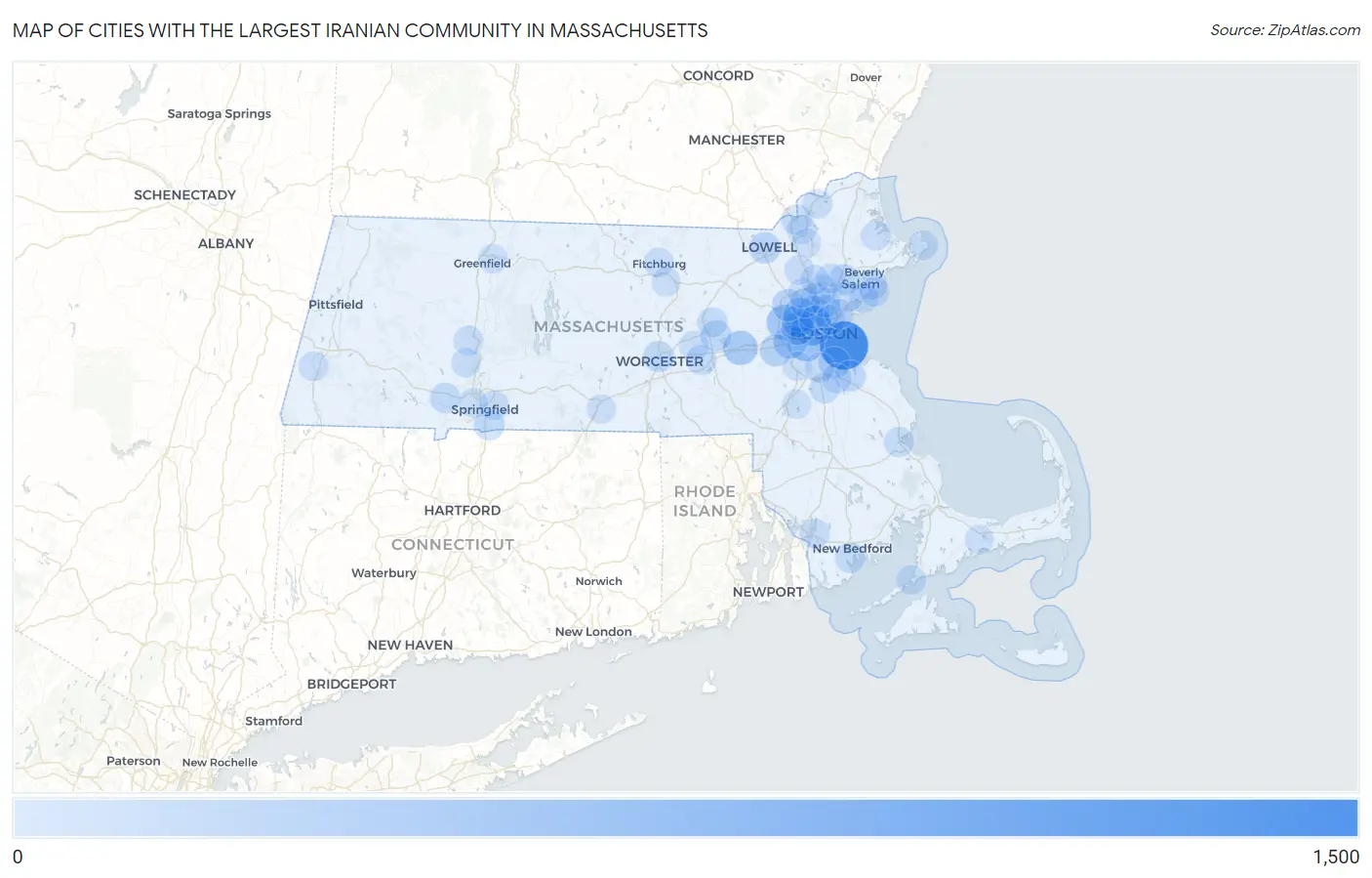 Cities with the Largest Iranian Community in Massachusetts Map