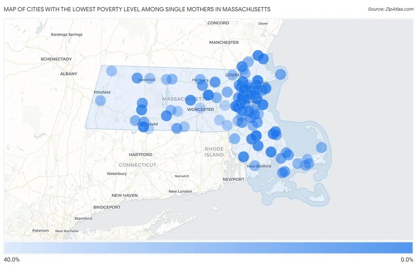 Cities with the Lowest Poverty Level Among Single Mothers in Massachusetts Map