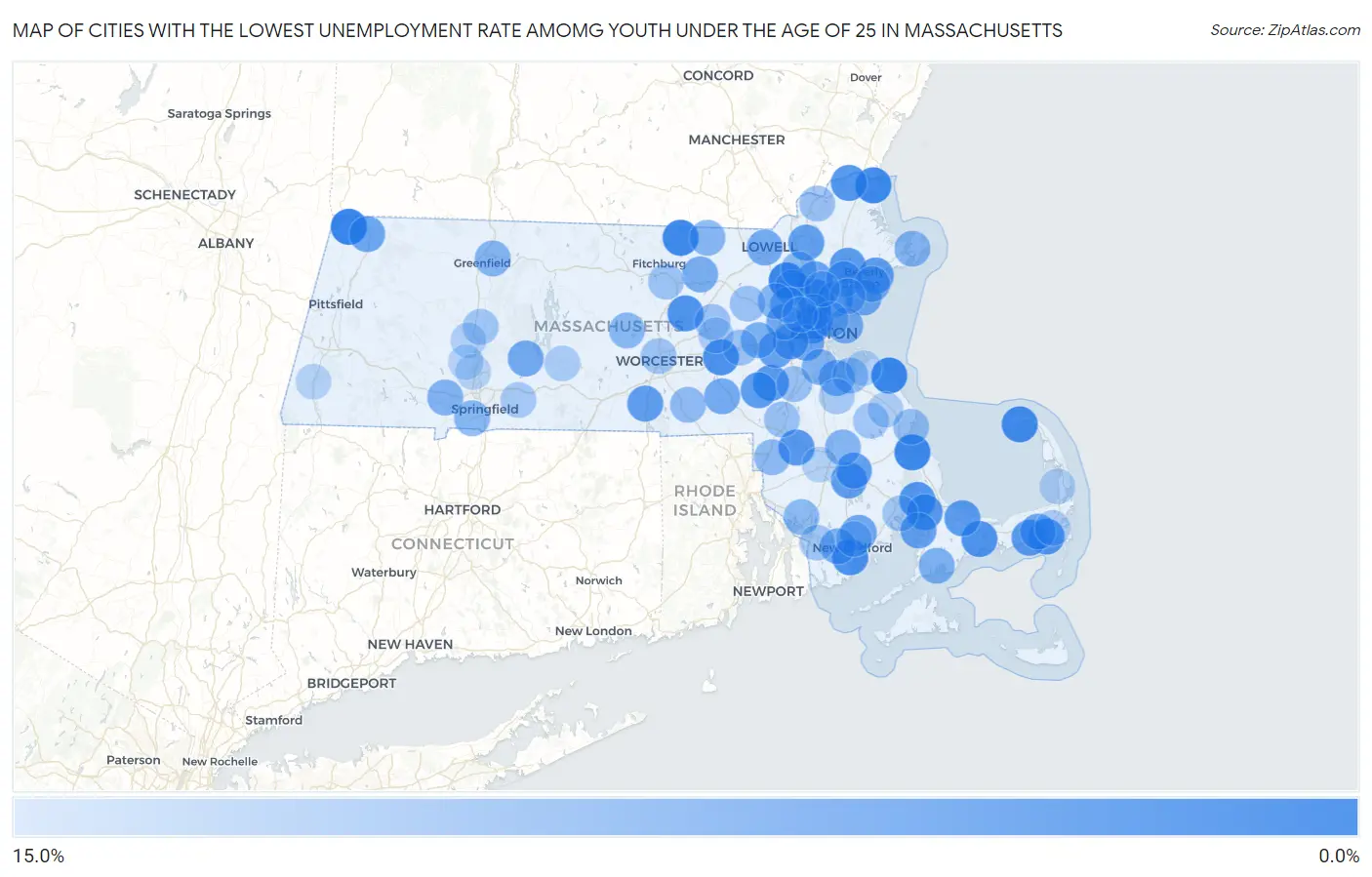 Cities with the Lowest Unemployment Rate Amomg Youth Under the Age of 25 in Massachusetts Map