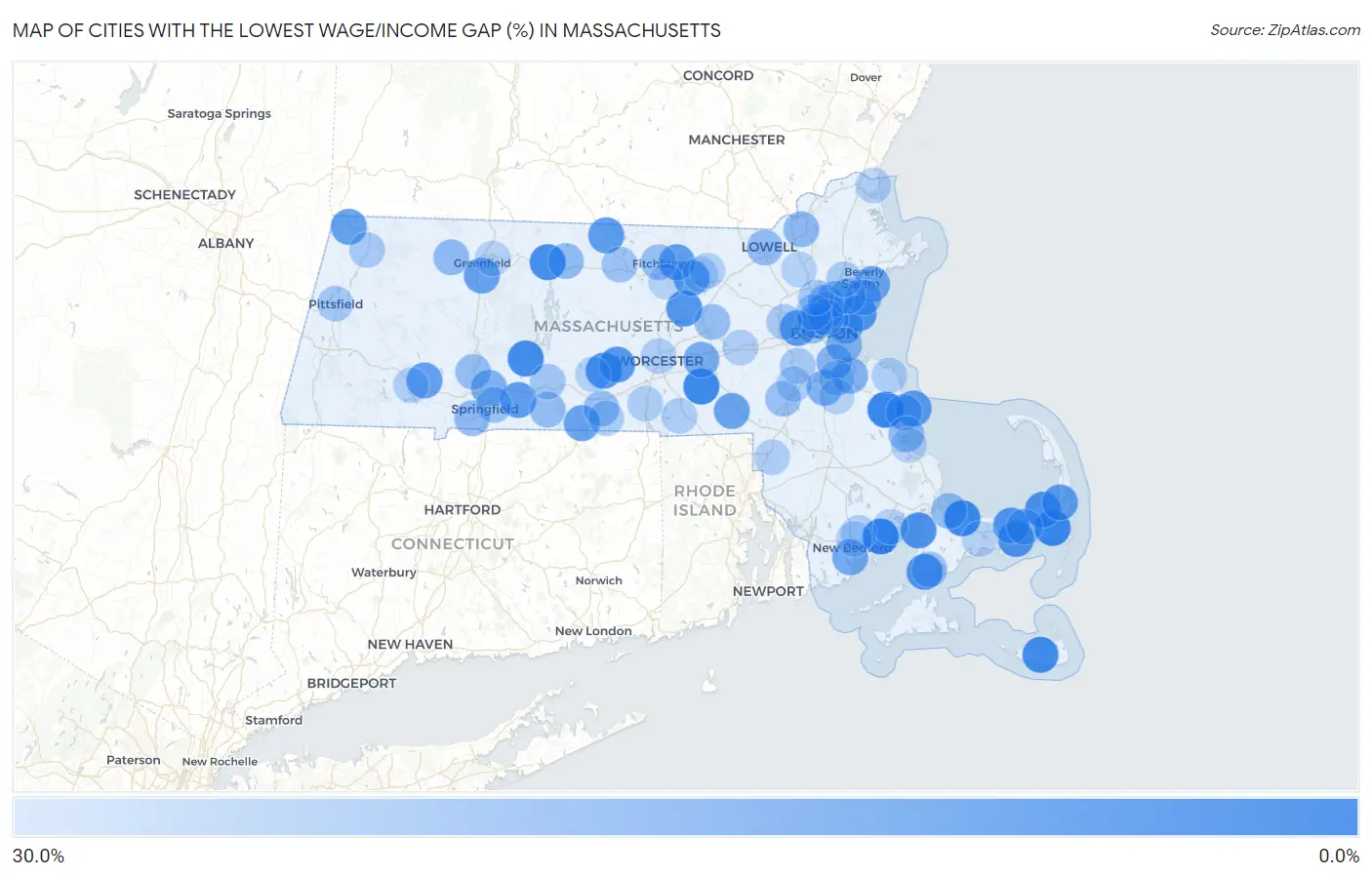 Cities with the Lowest Wage/Income Gap (%) in Massachusetts Map