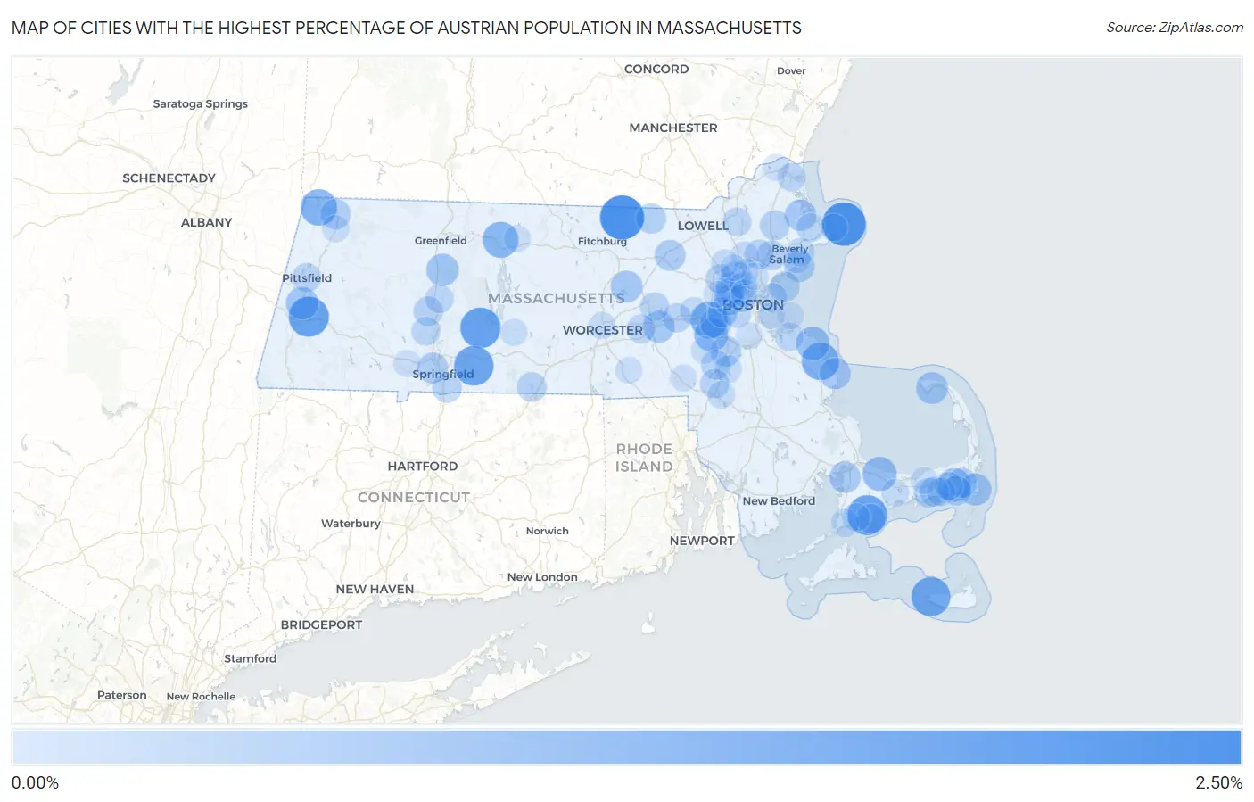 Cities with the Highest Percentage of Austrian Population in Massachusetts Map