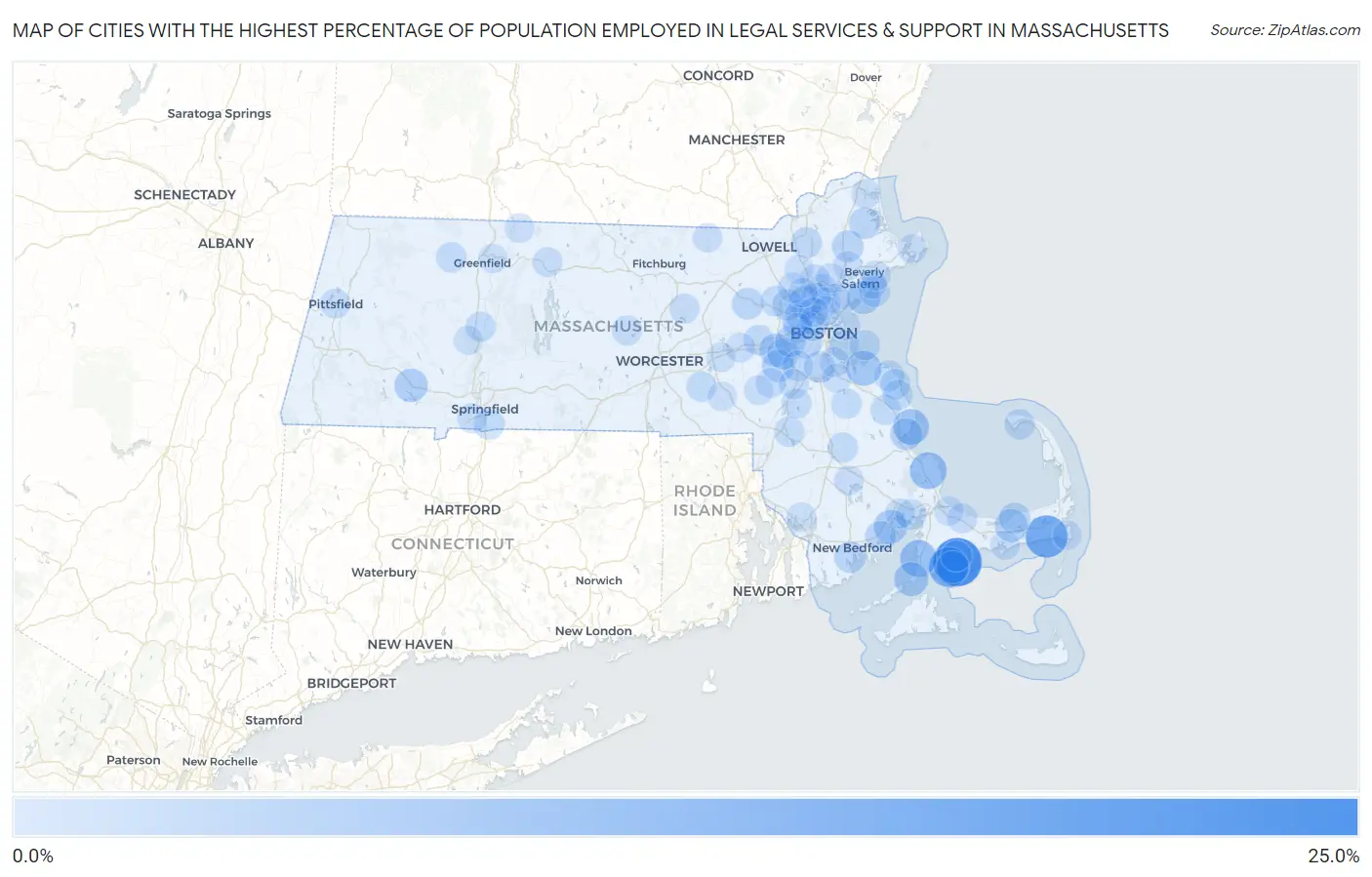 Cities with the Highest Percentage of Population Employed in Legal Services & Support in Massachusetts Map