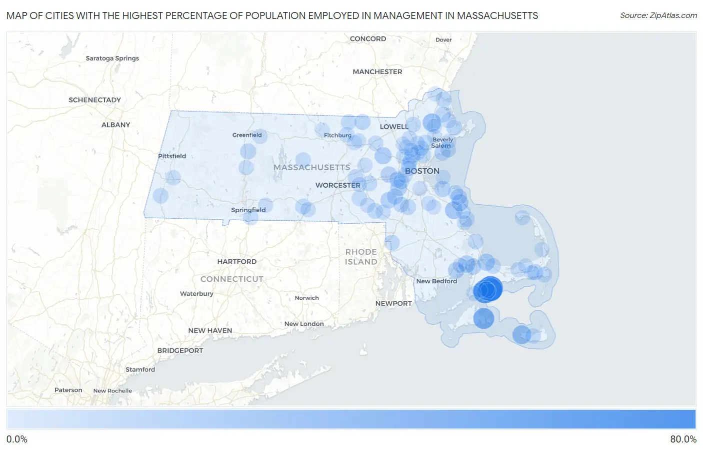Cities with the Highest Percentage of Population Employed in Management in Massachusetts Map