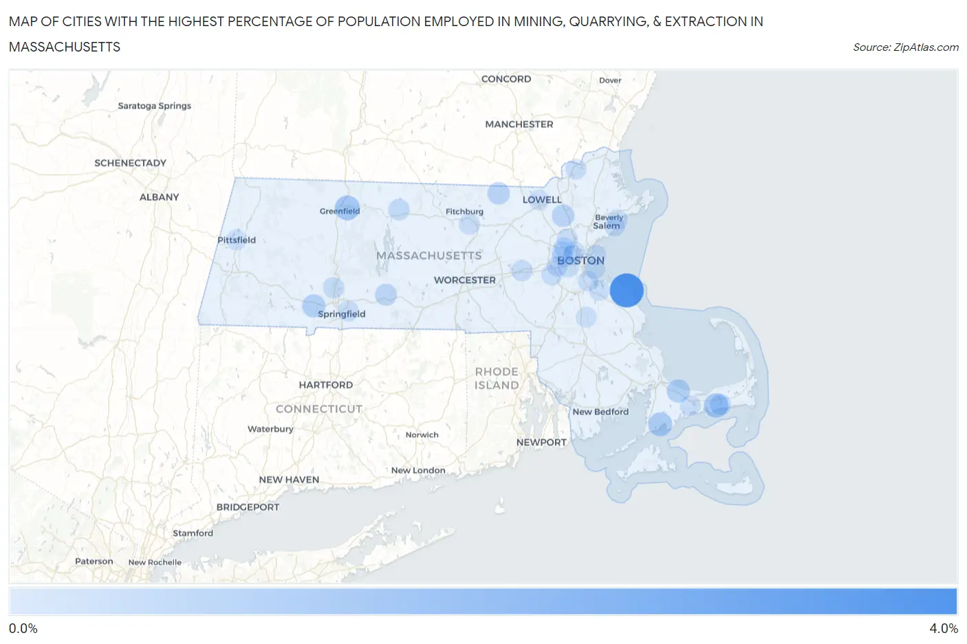 Cities with the Highest Percentage of Population Employed in Mining, Quarrying, & Extraction in Massachusetts Map