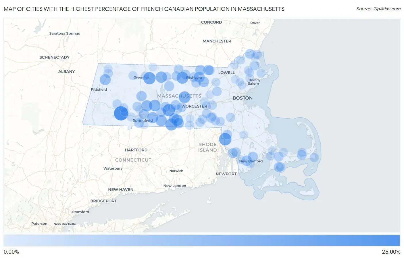 Cities with the Highest Percentage of French Canadian Population in Massachusetts Map