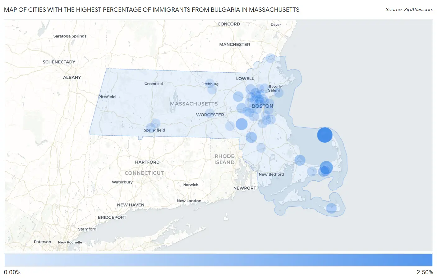 Cities with the Highest Percentage of Immigrants from Bulgaria in Massachusetts Map