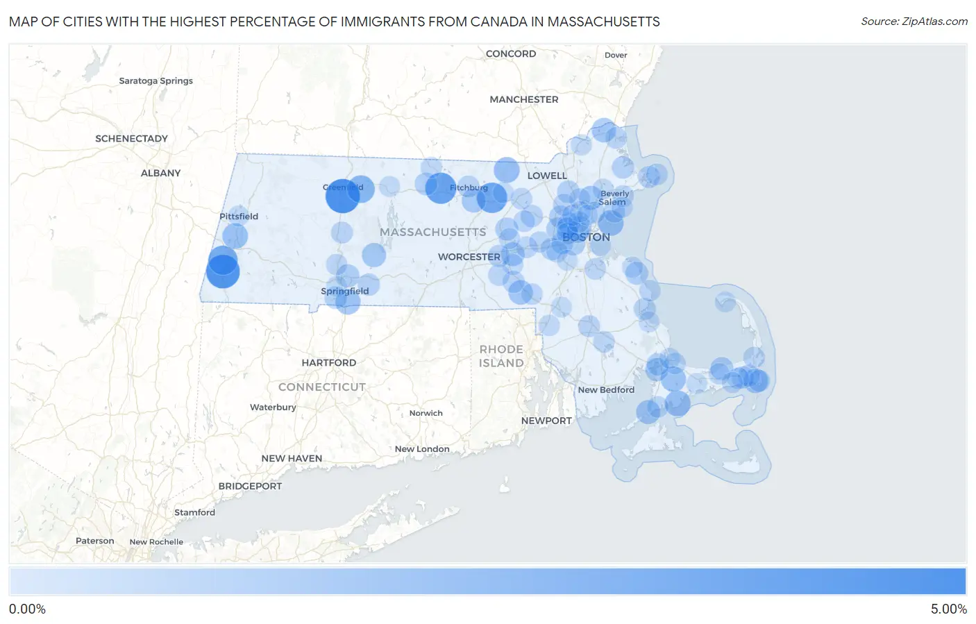 Cities with the Highest Percentage of Immigrants from Canada in Massachusetts Map