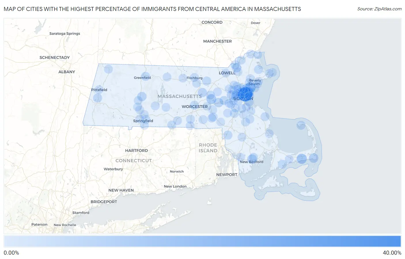 Cities with the Highest Percentage of Immigrants from Central America in Massachusetts Map