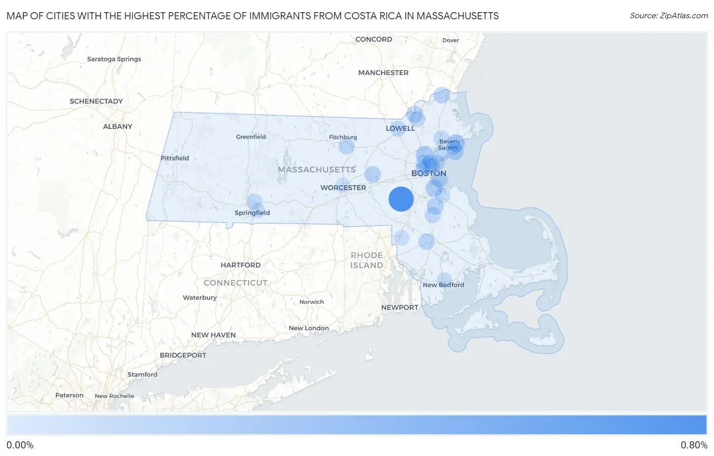 Cities with the Highest Percentage of Immigrants from Costa Rica in Massachusetts Map