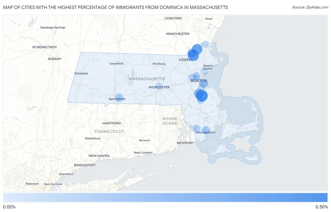 Cities with the Highest Percentage of Immigrants from Dominica in Massachusetts Map
