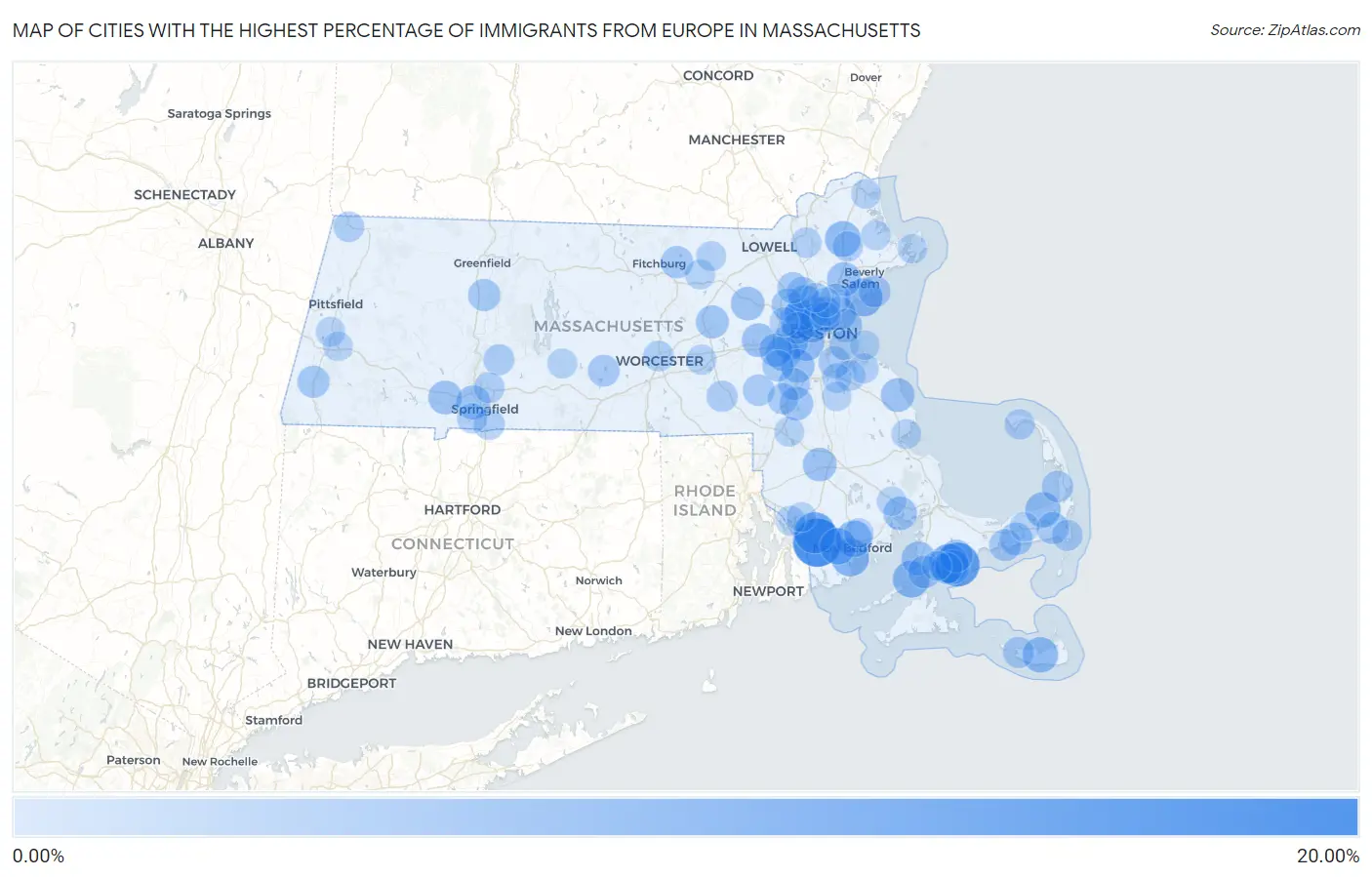 Cities with the Highest Percentage of Immigrants from Europe in Massachusetts Map