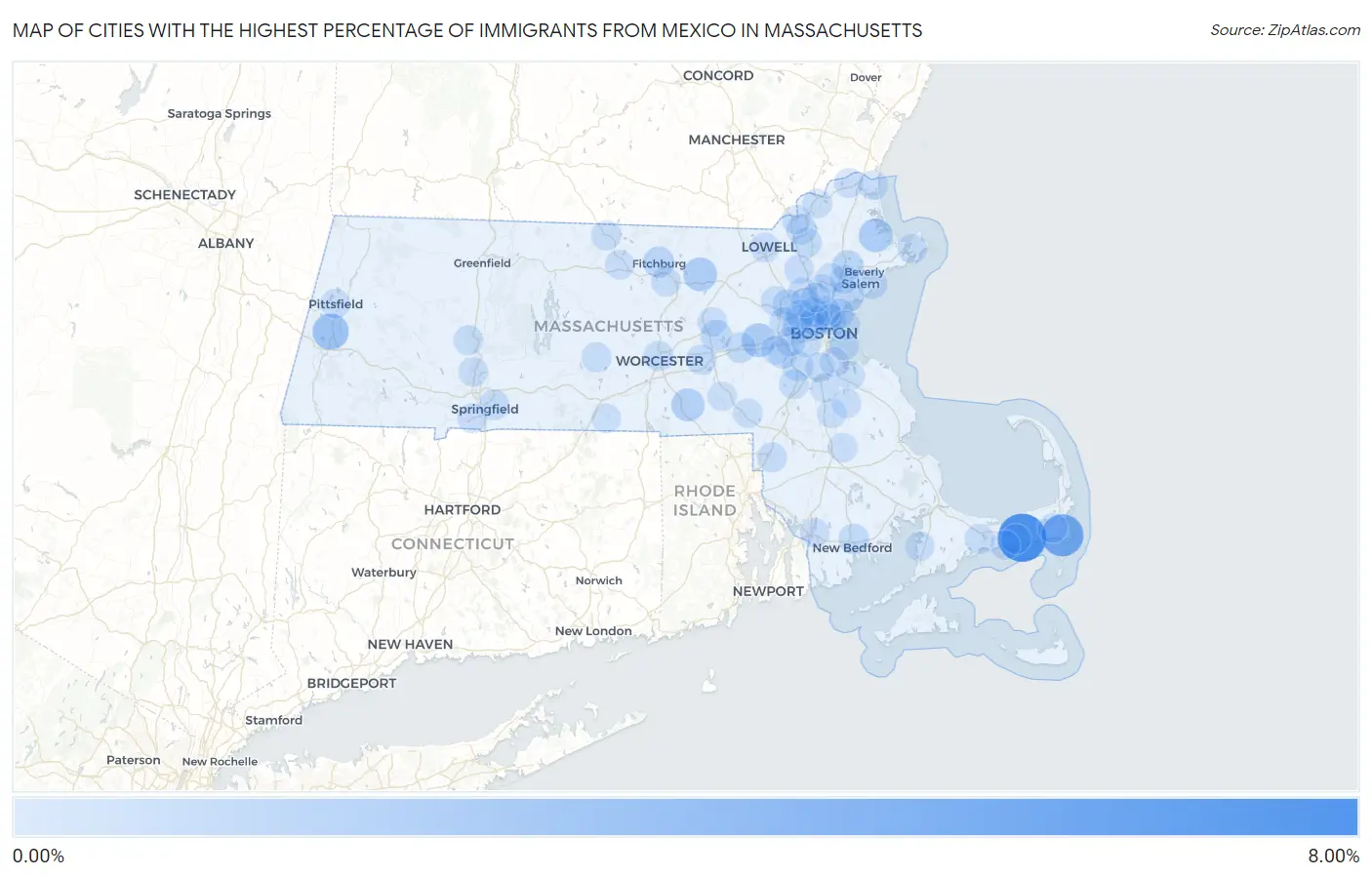 Cities with the Highest Percentage of Immigrants from Mexico in Massachusetts Map