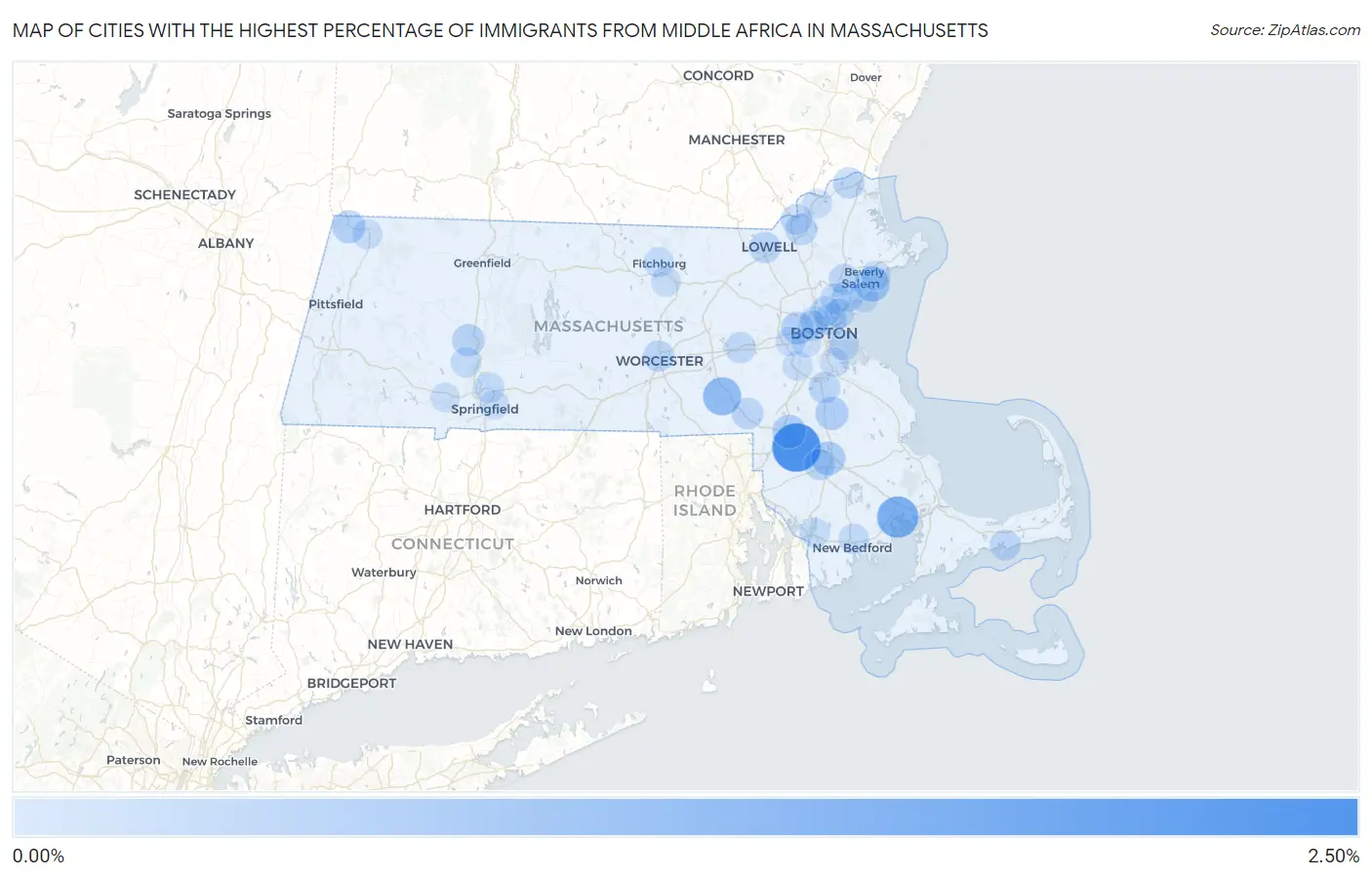 Cities with the Highest Percentage of Immigrants from Middle Africa in Massachusetts Map