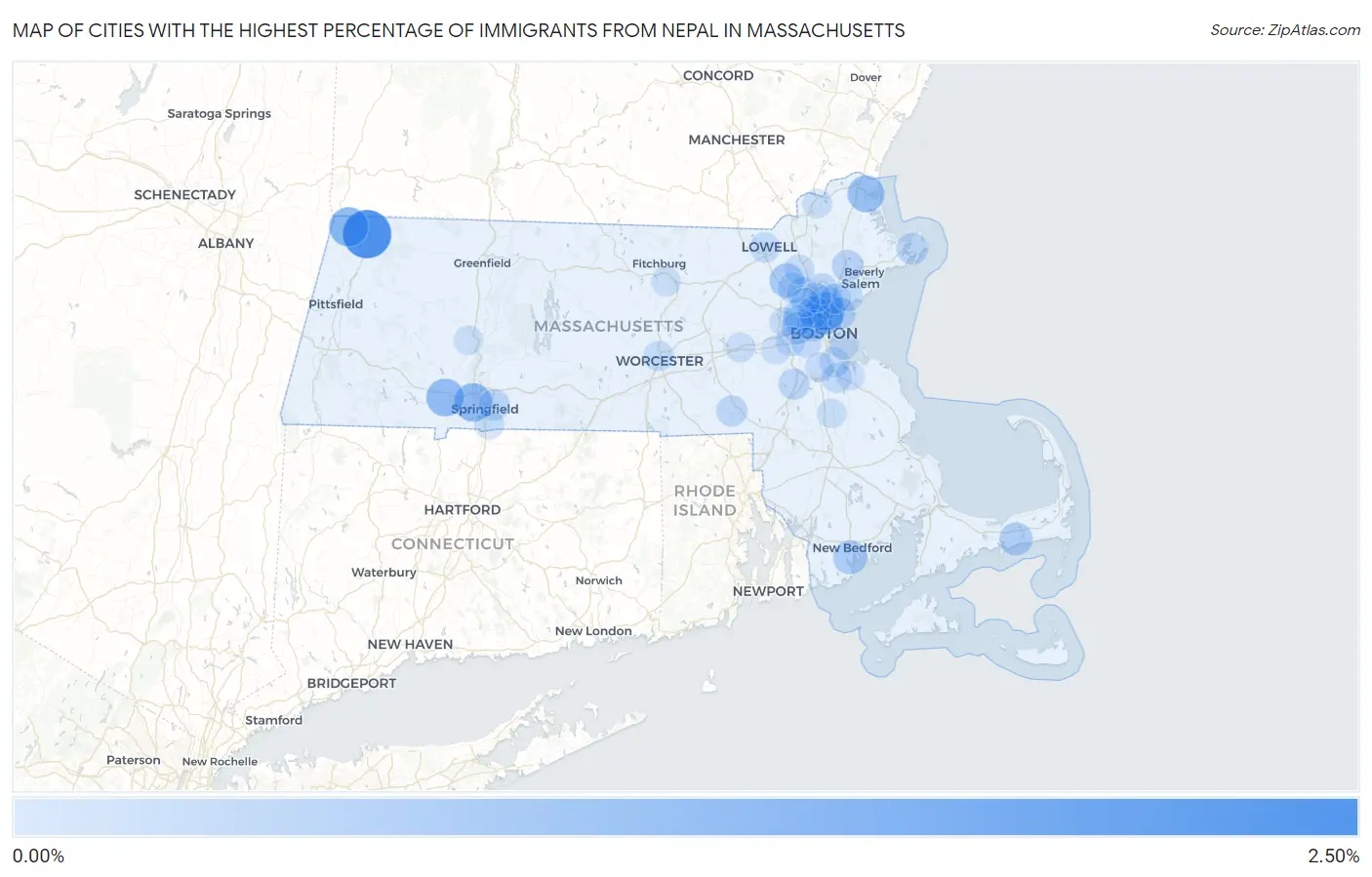 Cities with the Highest Percentage of Immigrants from Nepal in Massachusetts Map