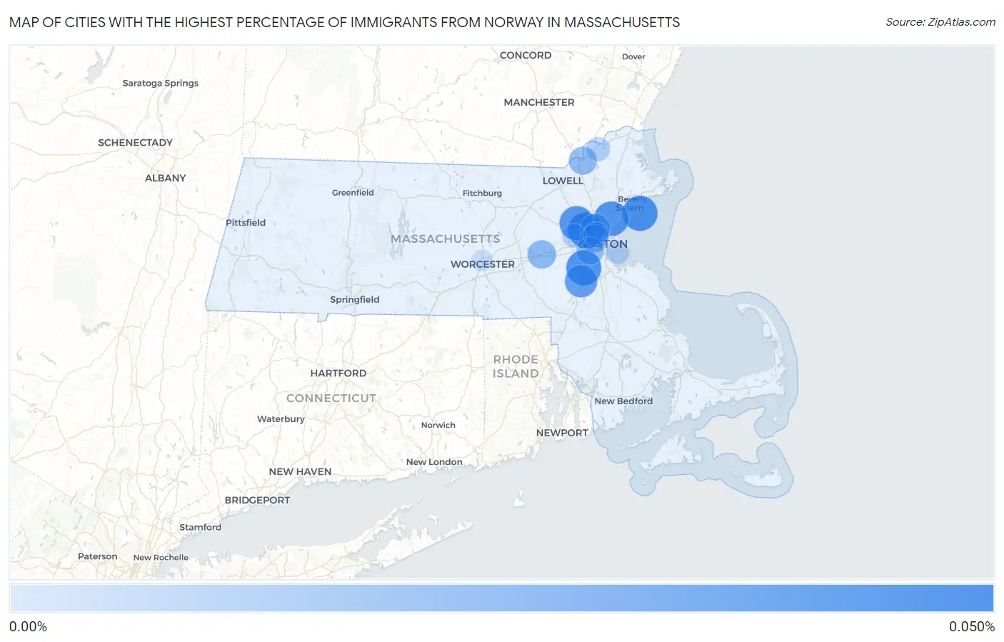 Cities with the Highest Percentage of Immigrants from Norway in Massachusetts Map