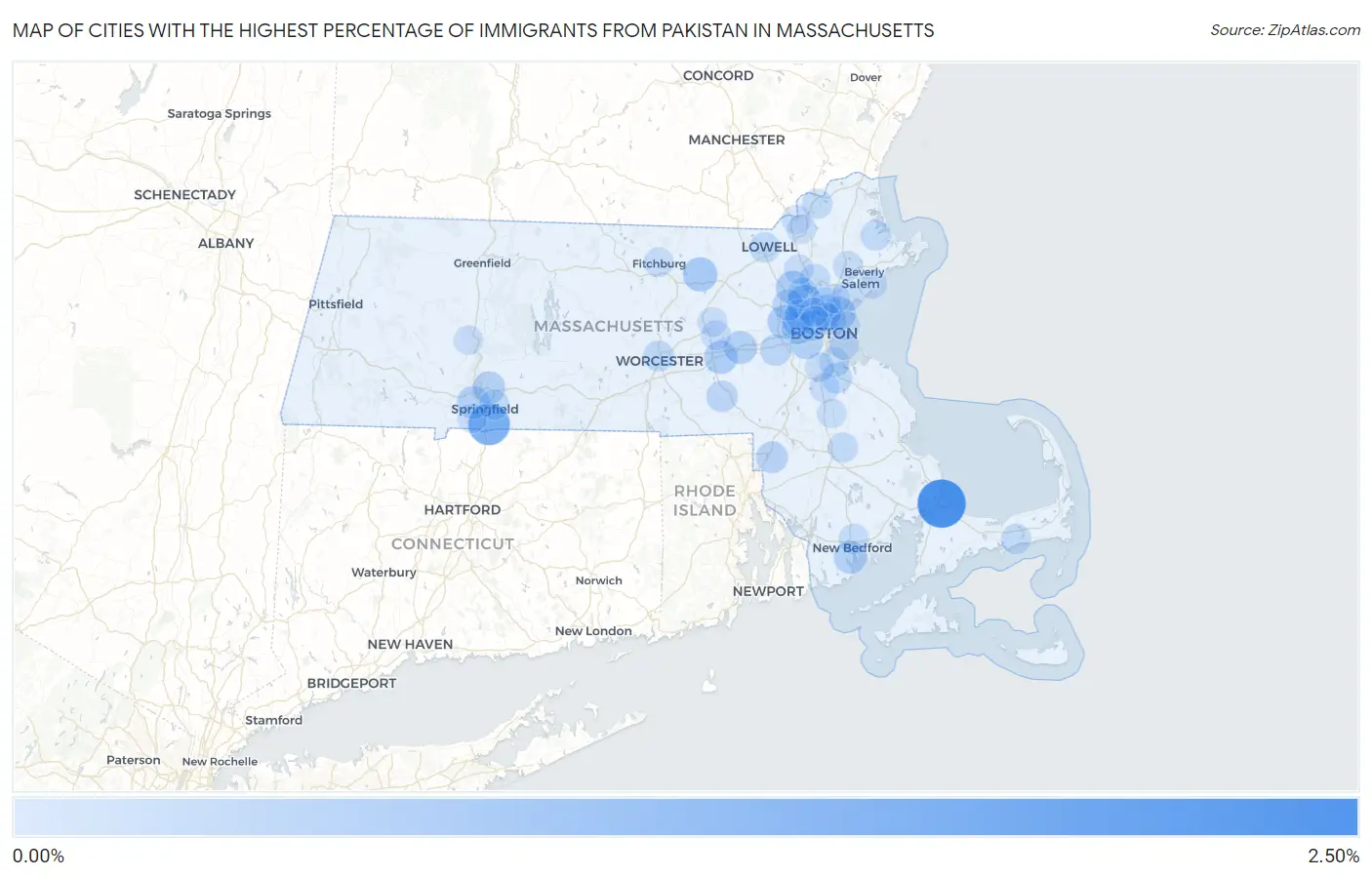 Cities with the Highest Percentage of Immigrants from Pakistan in Massachusetts Map