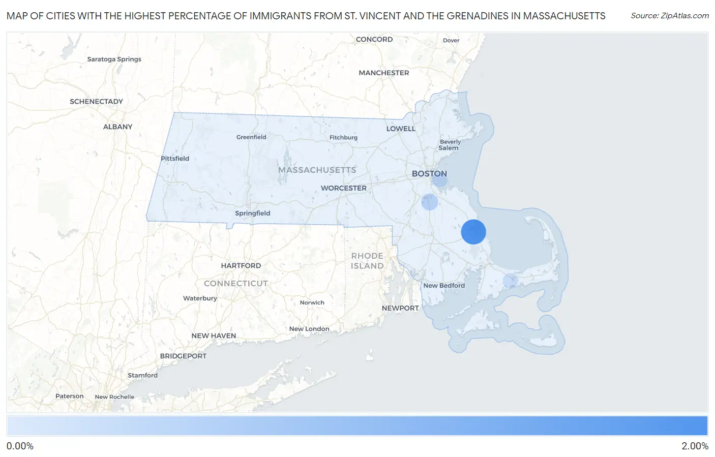 Cities with the Highest Percentage of Immigrants from St. Vincent and the Grenadines in Massachusetts Map