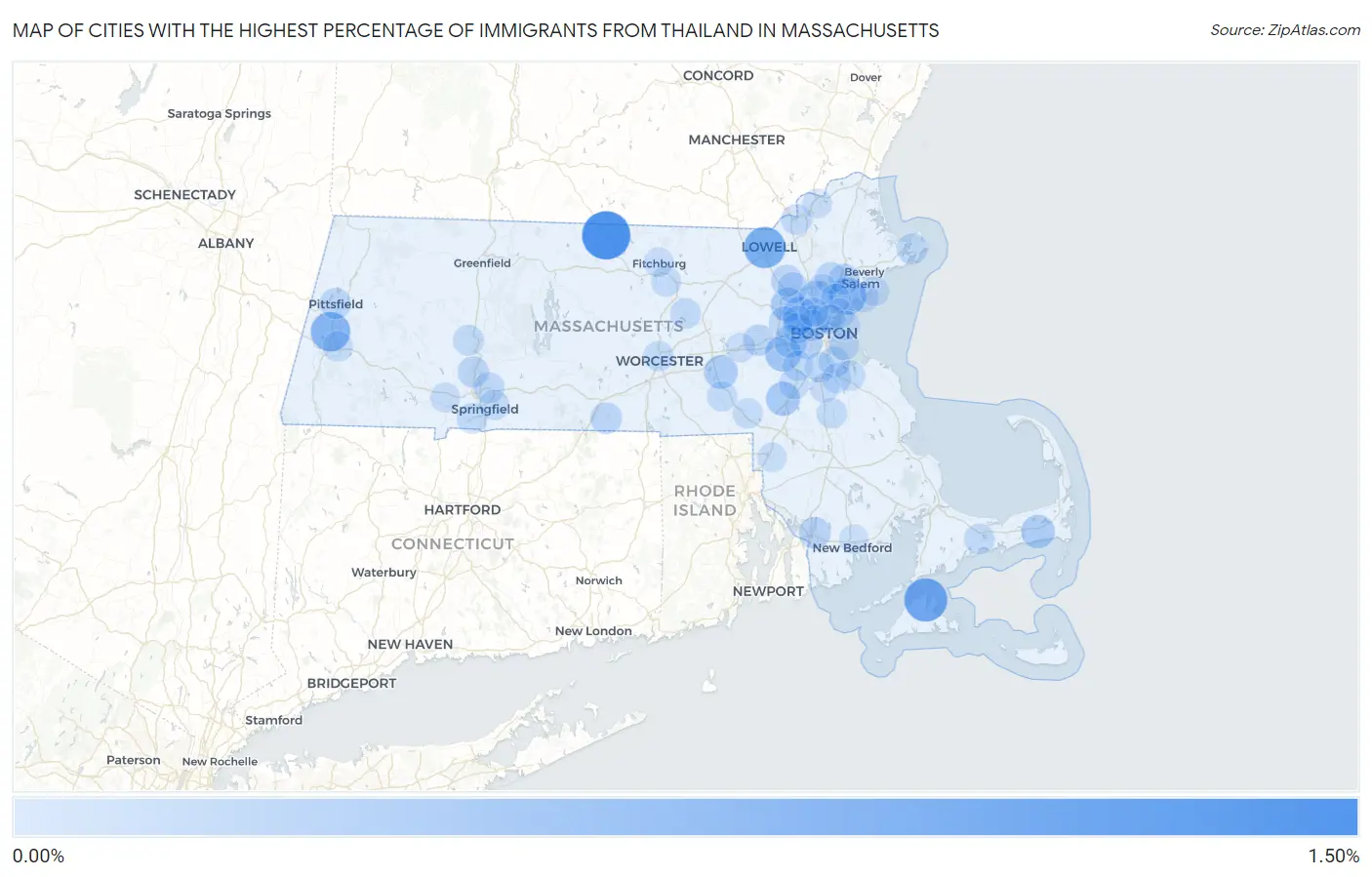Cities with the Highest Percentage of Immigrants from Thailand in Massachusetts Map