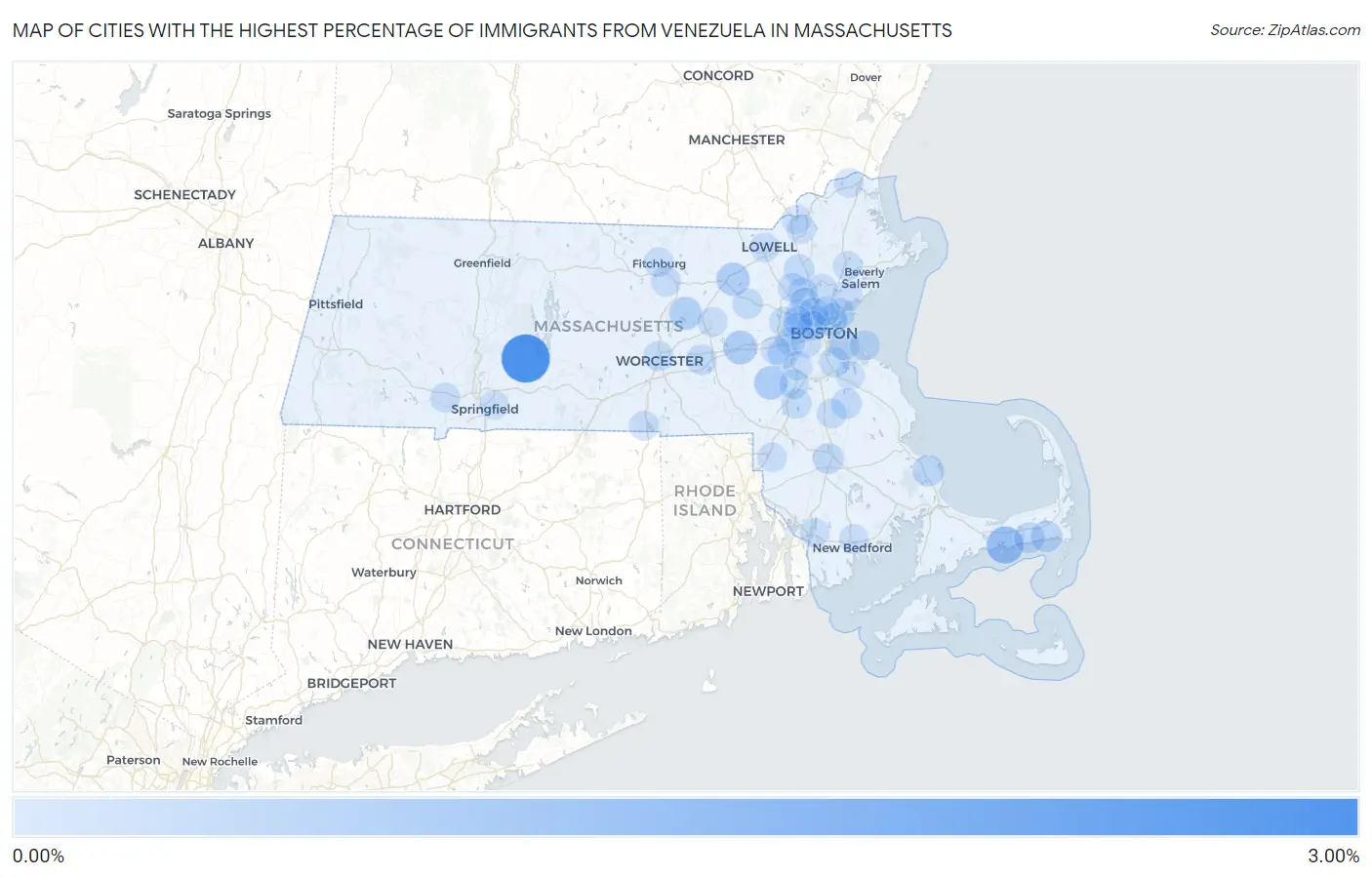 Cities with the Highest Percentage of Immigrants from Venezuela in Massachusetts Map