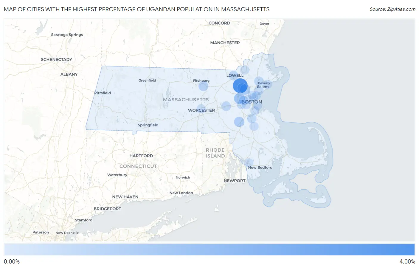 Cities with the Highest Percentage of Ugandan Population in Massachusetts Map