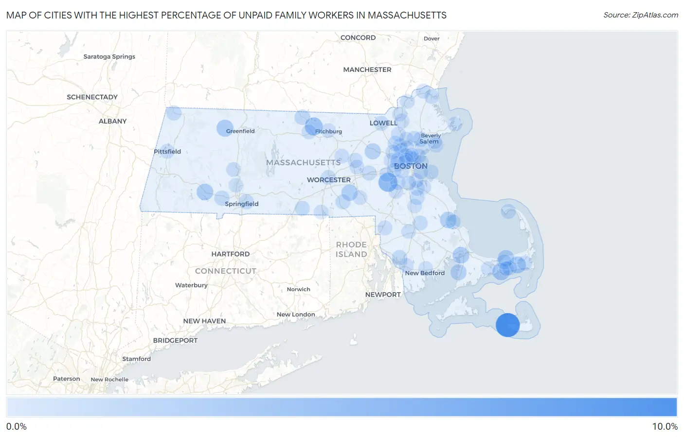 Cities with the Highest Percentage of Unpaid Family Workers in Massachusetts Map