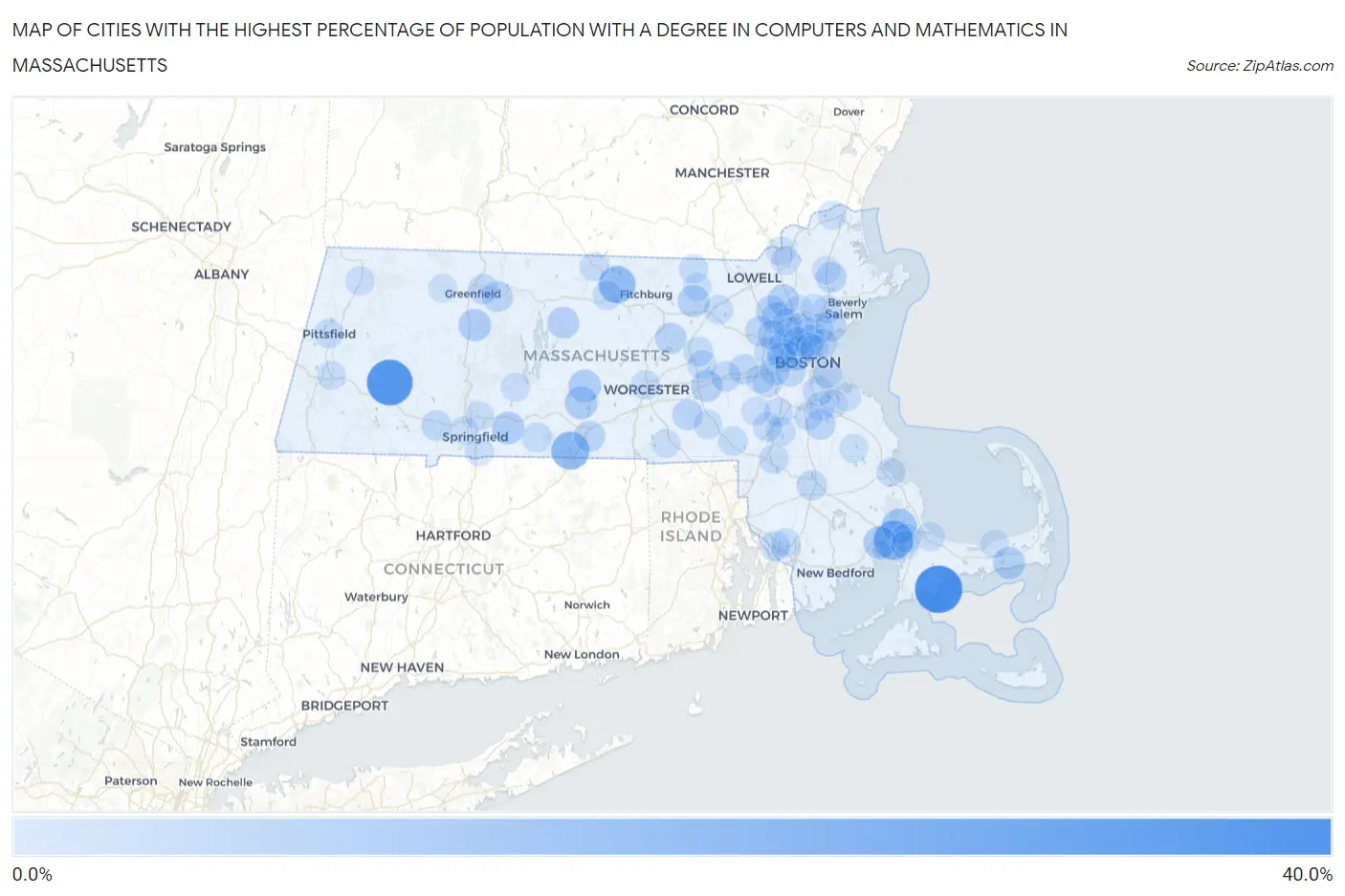 Cities with the Highest Percentage of Population with a Degree in Computers and Mathematics in Massachusetts Map