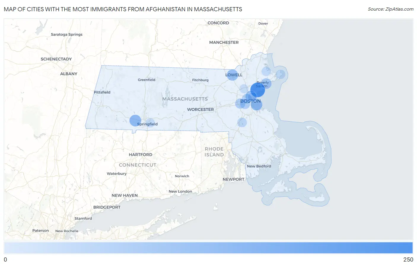 Cities with the Most Immigrants from Afghanistan in Massachusetts Map