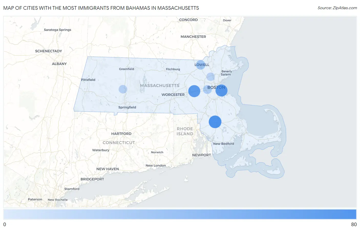 Cities with the Most Immigrants from Bahamas in Massachusetts Map