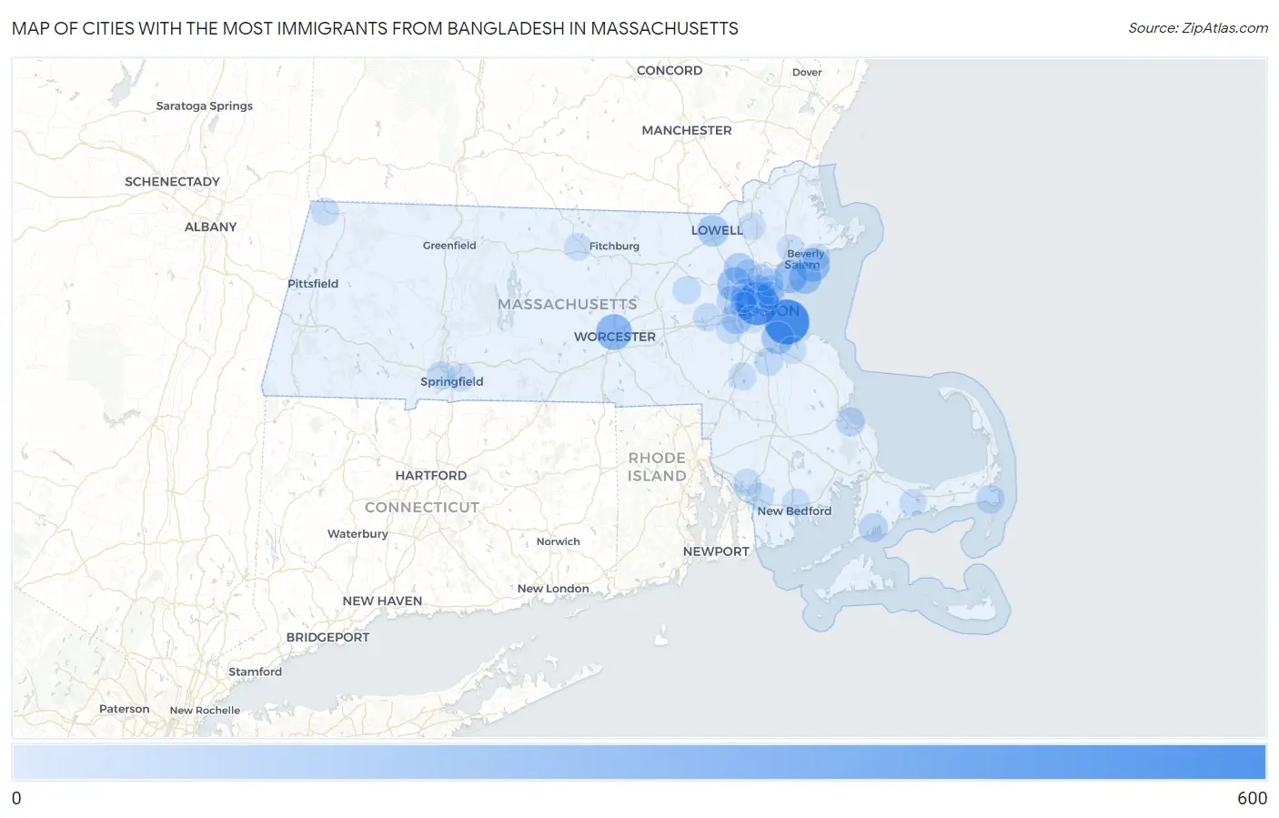Cities with the Most Immigrants from Bangladesh in Massachusetts Map