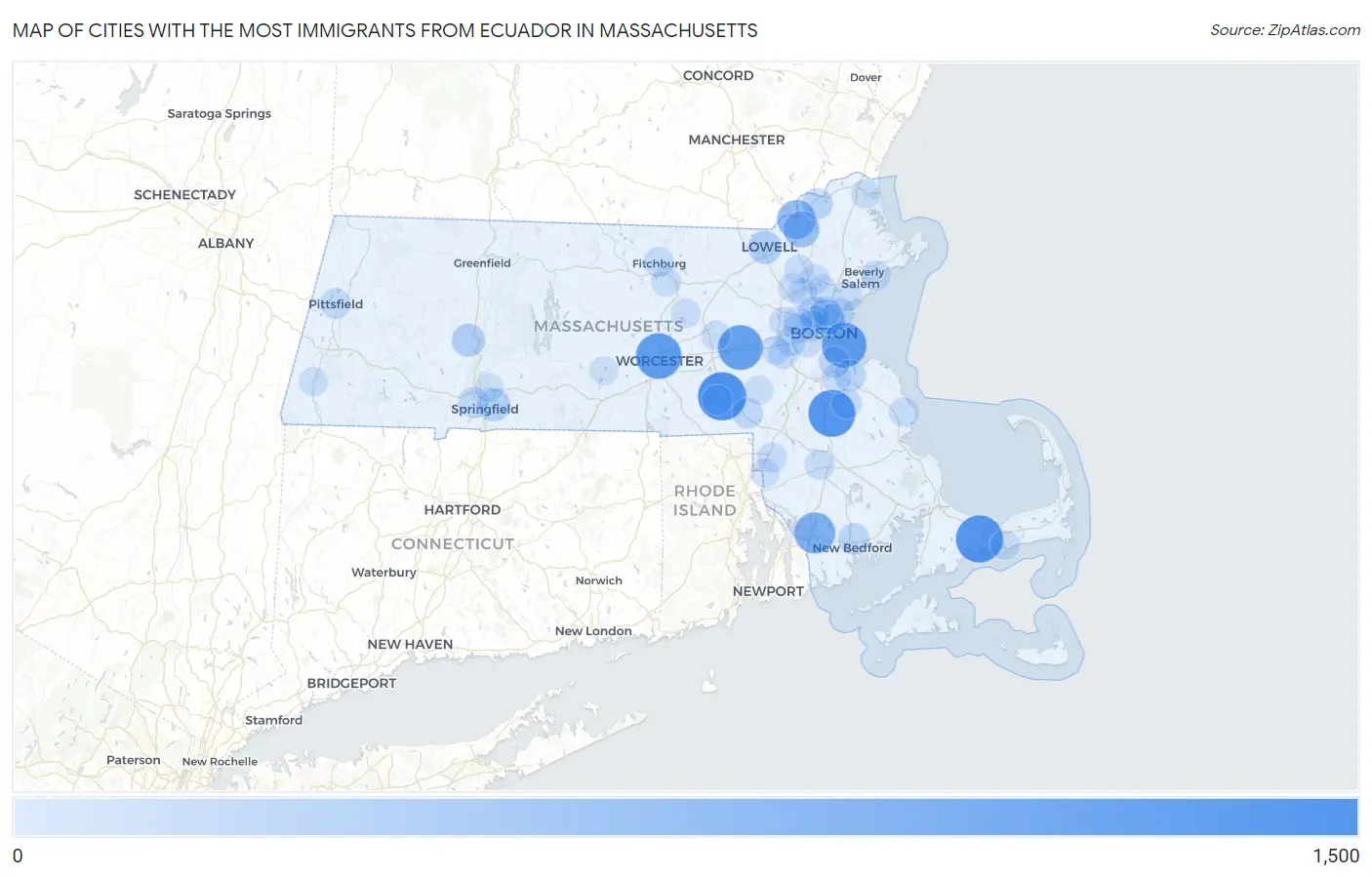 Cities with the Most Immigrants from Ecuador in Massachusetts Map