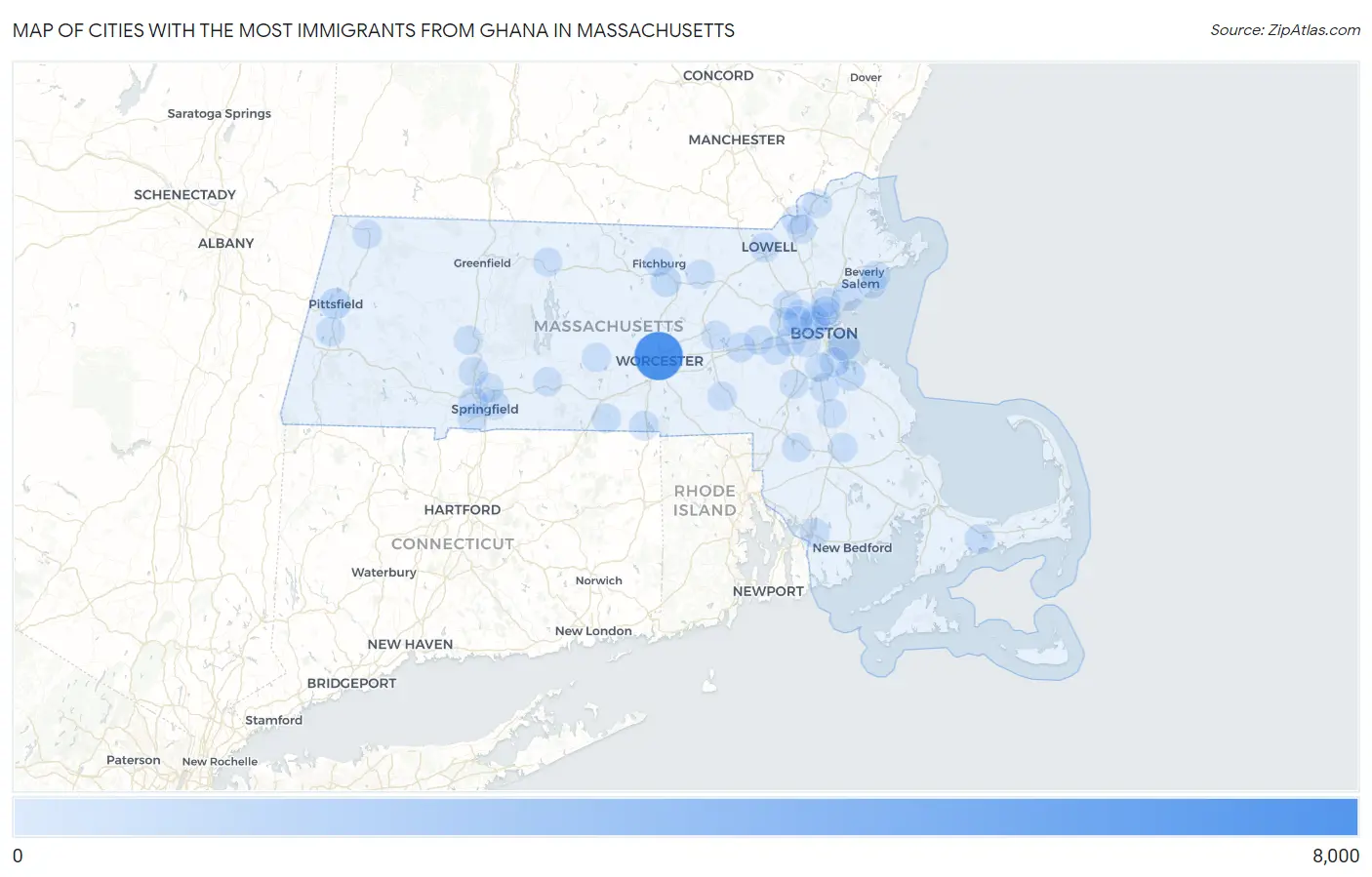 Cities with the Most Immigrants from Ghana in Massachusetts Map