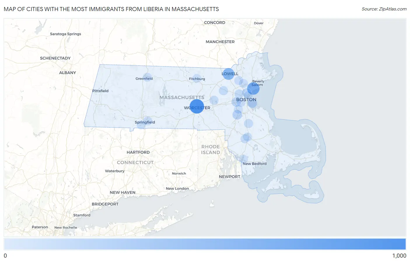 Cities with the Most Immigrants from Liberia in Massachusetts Map