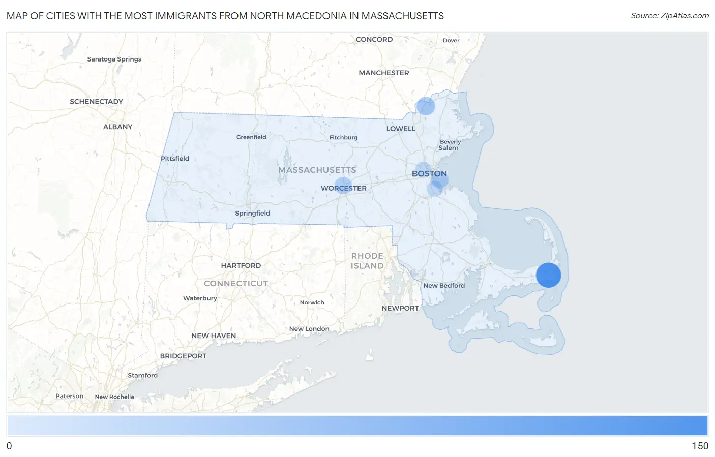 Cities with the Most Immigrants from North Macedonia in Massachusetts Map