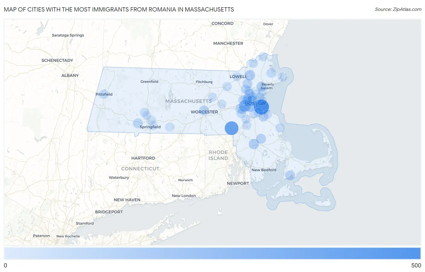 Cities with the Most Immigrants from Romania in Massachusetts Map