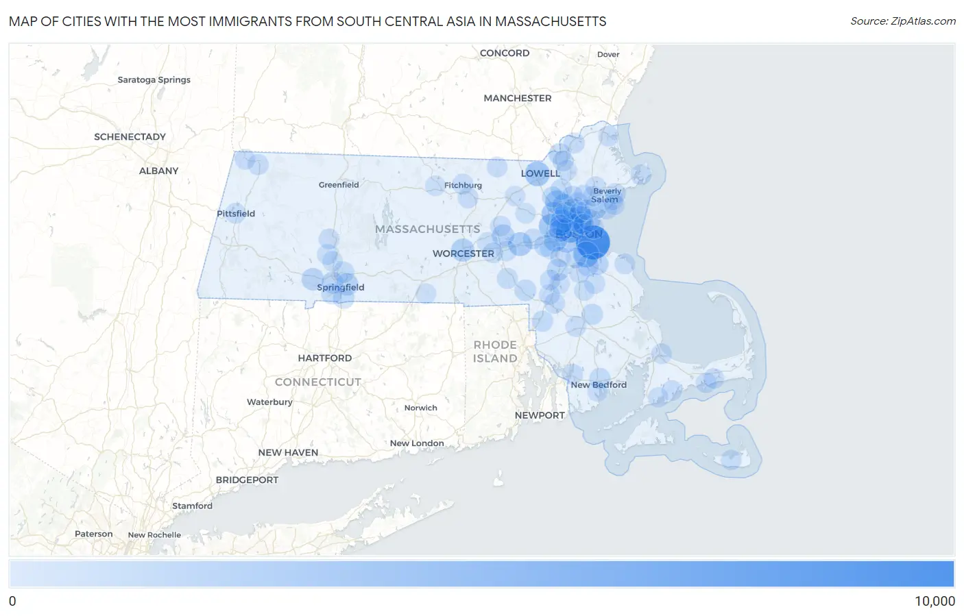 Cities with the Most Immigrants from South Central Asia in Massachusetts Map